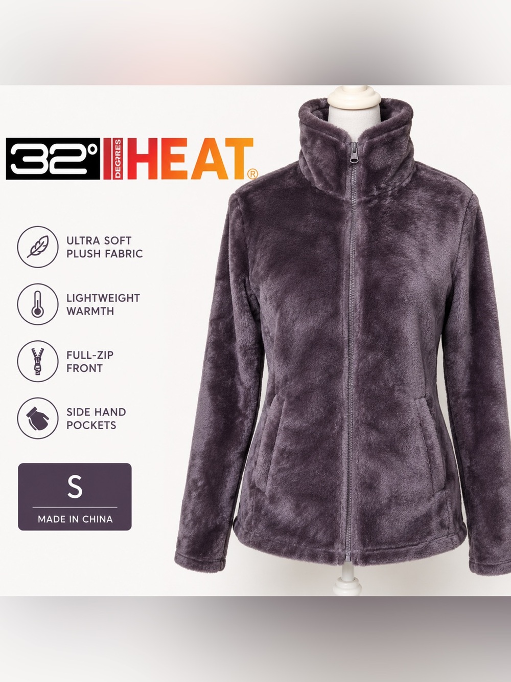 32 Degrees Heat Plush Fleece Full Zip Jacket Mock Neck Women’s Small